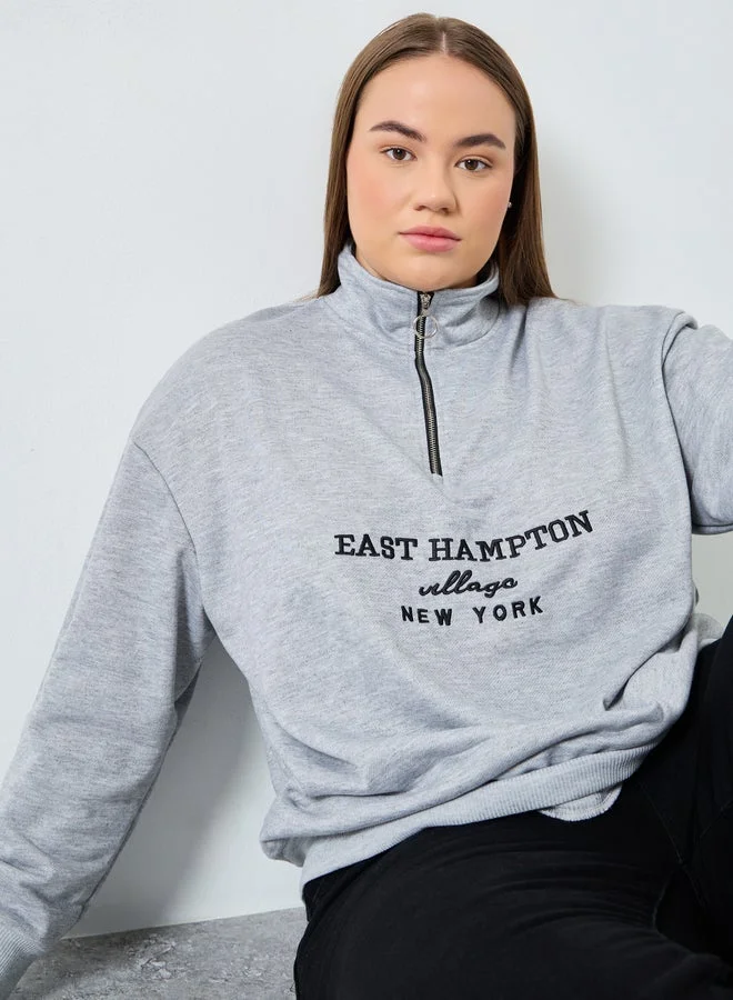 Styli  Plus Size Grey Embroidered Hoodie for Women | Best Price UAE