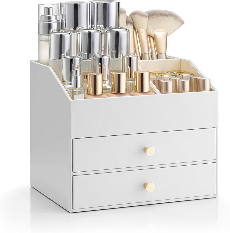 Vlando Makeup Organizer for Vanity - PU Leather Skin Care Storage for Lipstick,Brushes,Perfumes - Large Capacity Bathroom Counter Organizer with Drawers - White - Image 1
