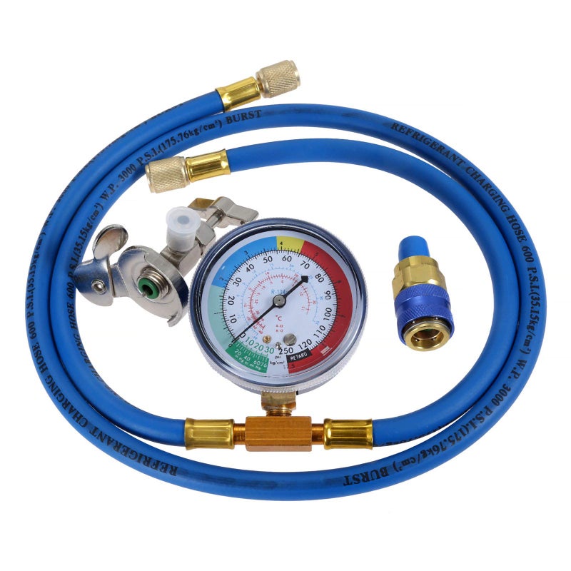 طقم خرطوم شحن المبرد R134A 14 SAE ل R12 R22 تكييف الهواء 59 خرطوم شحن مع مقياس 275 صمام فريون عالمي قابل للإزالة وموصل سريع للجانب المنخفض R134a للسيارة