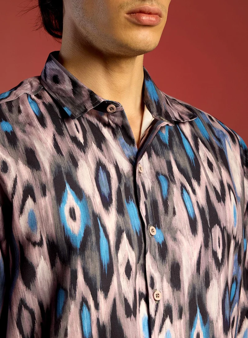 Campus Sutra Men's Sky Blue & Moon Grey Ikkat Shirt