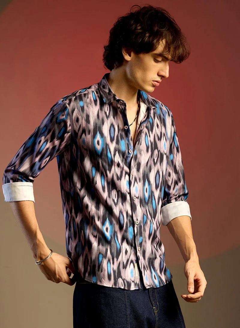 Campus Sutra Men's Sky Blue & Moon Grey Ikkat Shirt