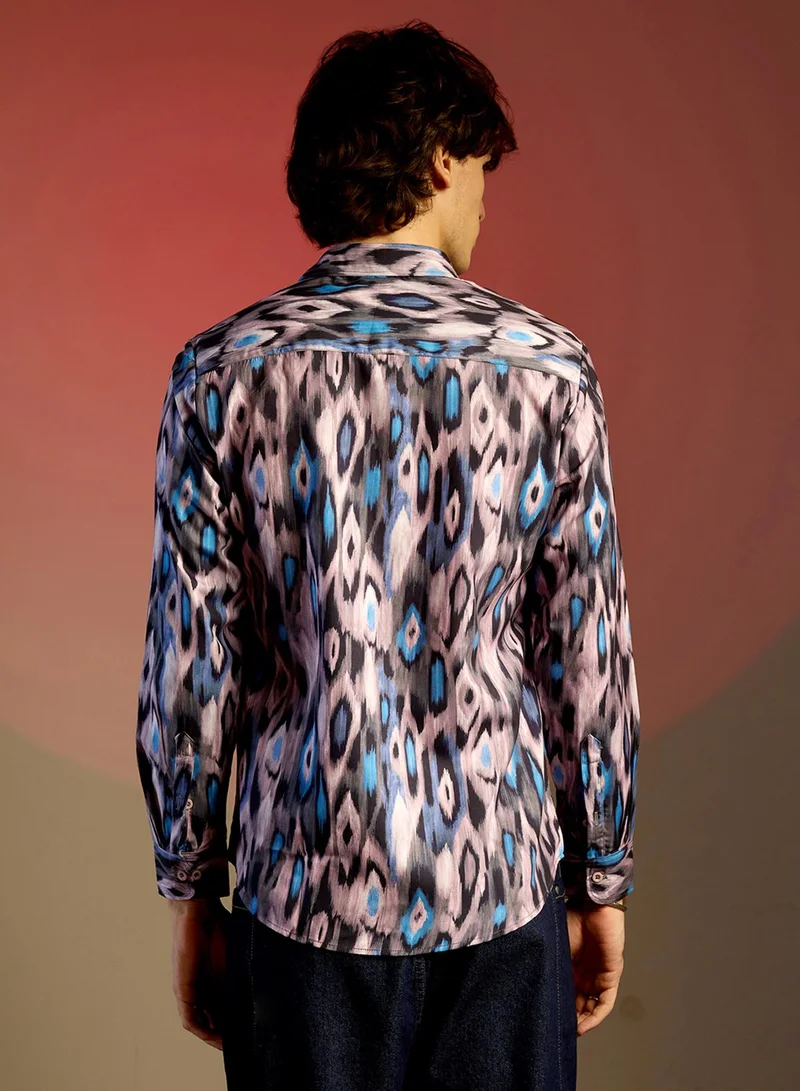 Campus Sutra Men's Sky Blue & Moon Grey Ikkat Shirt