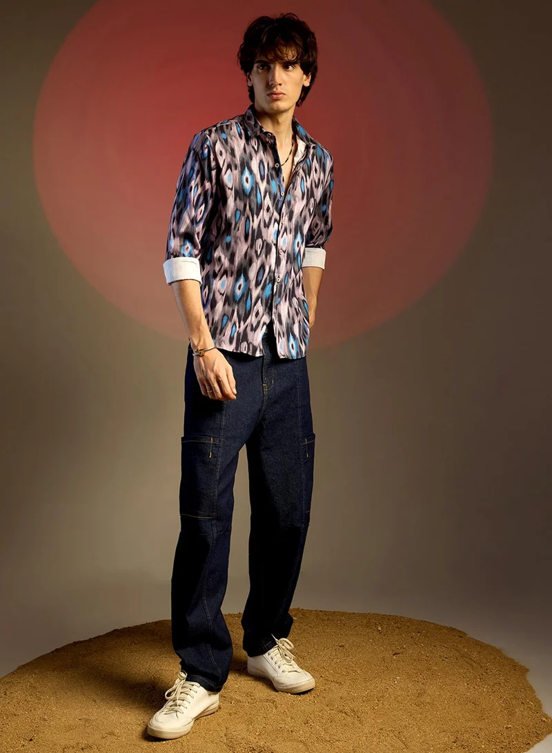 Campus Sutra Men's Sky Blue & Moon Grey Ikkat Shirt