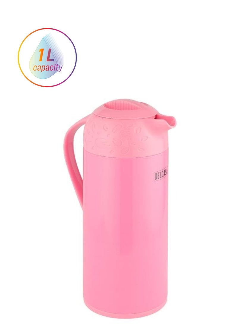 DELCASA 1000ml Vacuum Flask, Asbestos-Free Glass Inner Pink color  Portable with Comfortable Handle & Pouring Spot | 14 Hrs Hot, 36 Hrs Cold - Image 1