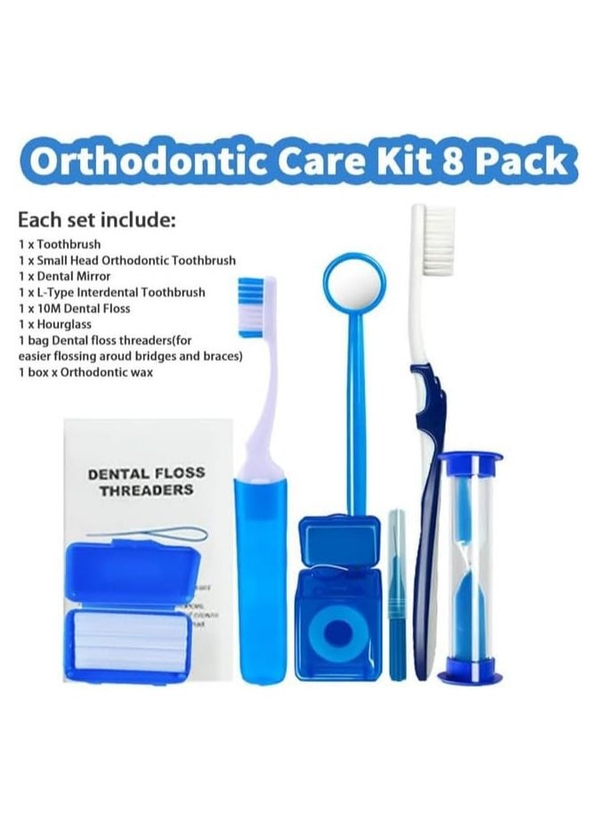 BuyDental - 8Pcs Dental Teeth Orthodontic Kits Oral Cleaning Care Whitening Tool Suit Interdental Brush Floss Thread Wax Mirror (Blue) - Image 1