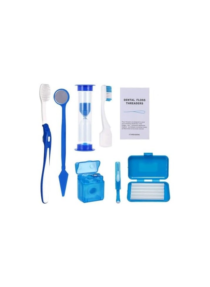 BuyDental - 8Pcs Dental Teeth Orthodontic Kits Oral Cleaning Care Whitening Tool Suit Interdental Brush Floss Thread Wax Mirror (Blue) - Image 1