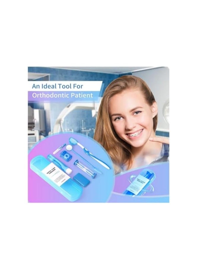 BuyDental - 8Pcs Dental Teeth Orthodontic Kits Oral Cleaning Care Whitening Tool Suit Interdental Brush Floss Thread Wax Mirror (Blue) - Image 1