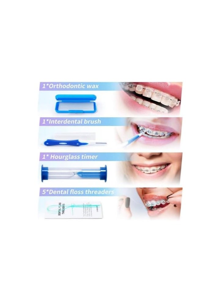 BuyDental - 8Pcs Dental Teeth Orthodontic Kits Oral Cleaning Care Whitening Tool Suit Interdental Brush Floss Thread Wax Mirror (Blue) - Image 1