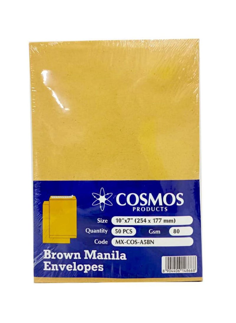 COSMOS A5 Plain Brown Envelopes 80 GMS (10″x7″) Peel & Seal ,(Pack of 50 Pieces) - Image 1