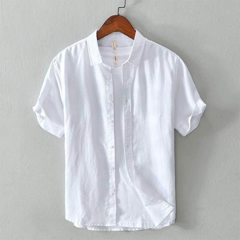 Summer Linen Short-sleeved Mens Shirt Lapel Solid Color Simple All-match Casual Slim-fit Breathable Cotton Linen Daily Thin Cardigan White 566