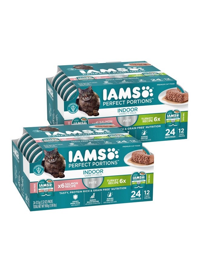IAMS PERFECT PORTIONS Indoor Adult Grain Free* Wet Cat Food Pate Variety Pack, Salmon Recipe and Turkey Recipe, 2.6 oz. Easy Peel Twin-Pack Trays 24 Count, (Pack of 2) - Image 1