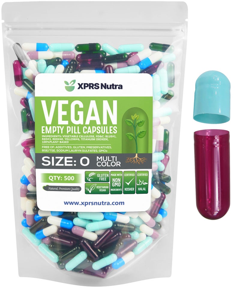 XPRS Nutra Size 0 Empty Capsules 100 Count Empty Vegan Capsules Vegetarian Pills DIY Vegetable Capsule Filling Veggie Pill Caps for DoItYourself Supplements Multi Color