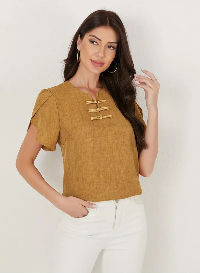 Take Two Mustard Yellow Textured Short Sleeve Top