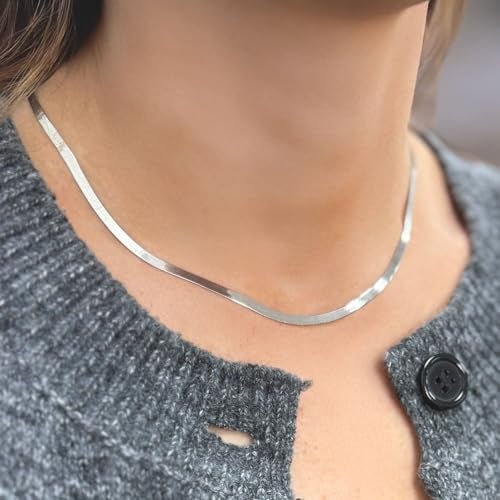 CHESKY Herringbone Necklace, 5MM Flexible Flat Snake Chain Necklace Delicate Silver Plated Chain Choker Necklaces for Women Simple Thick Link Chain Necklace Gifts for Her - Image 4