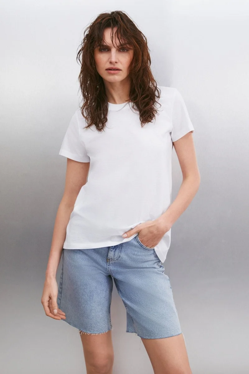 GRIMELANGE Samantha Women's Comfort Fit 100% Organic Cotton Basic Knitted White T-shirt