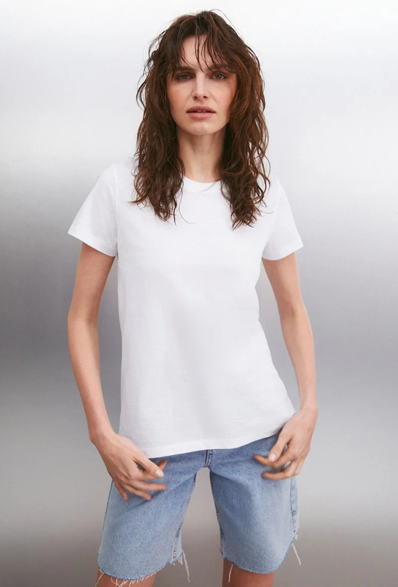 GRIMELANGE Samantha Women's Comfort Fit 100% Organic Cotton Basic Knitted White T-shirt