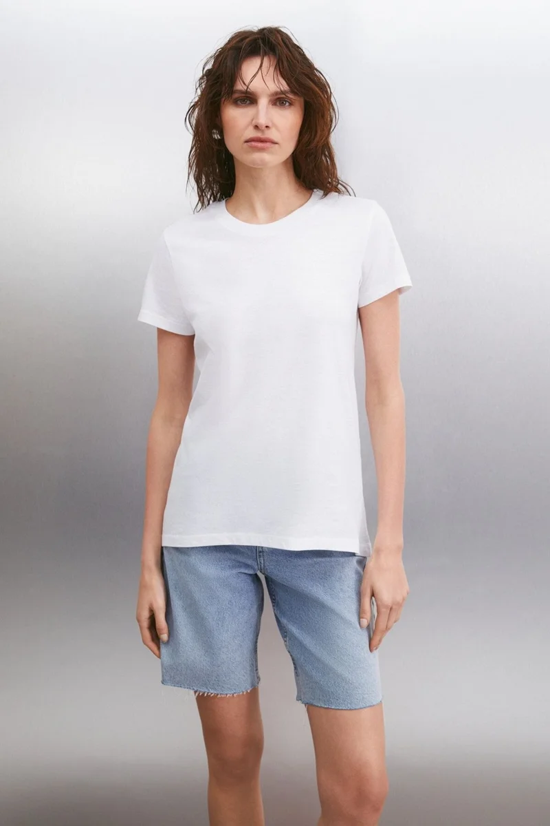 GRIMELANGE Samantha Women's Comfort Fit 100% Organic Cotton Basic Knitted White T-shirt