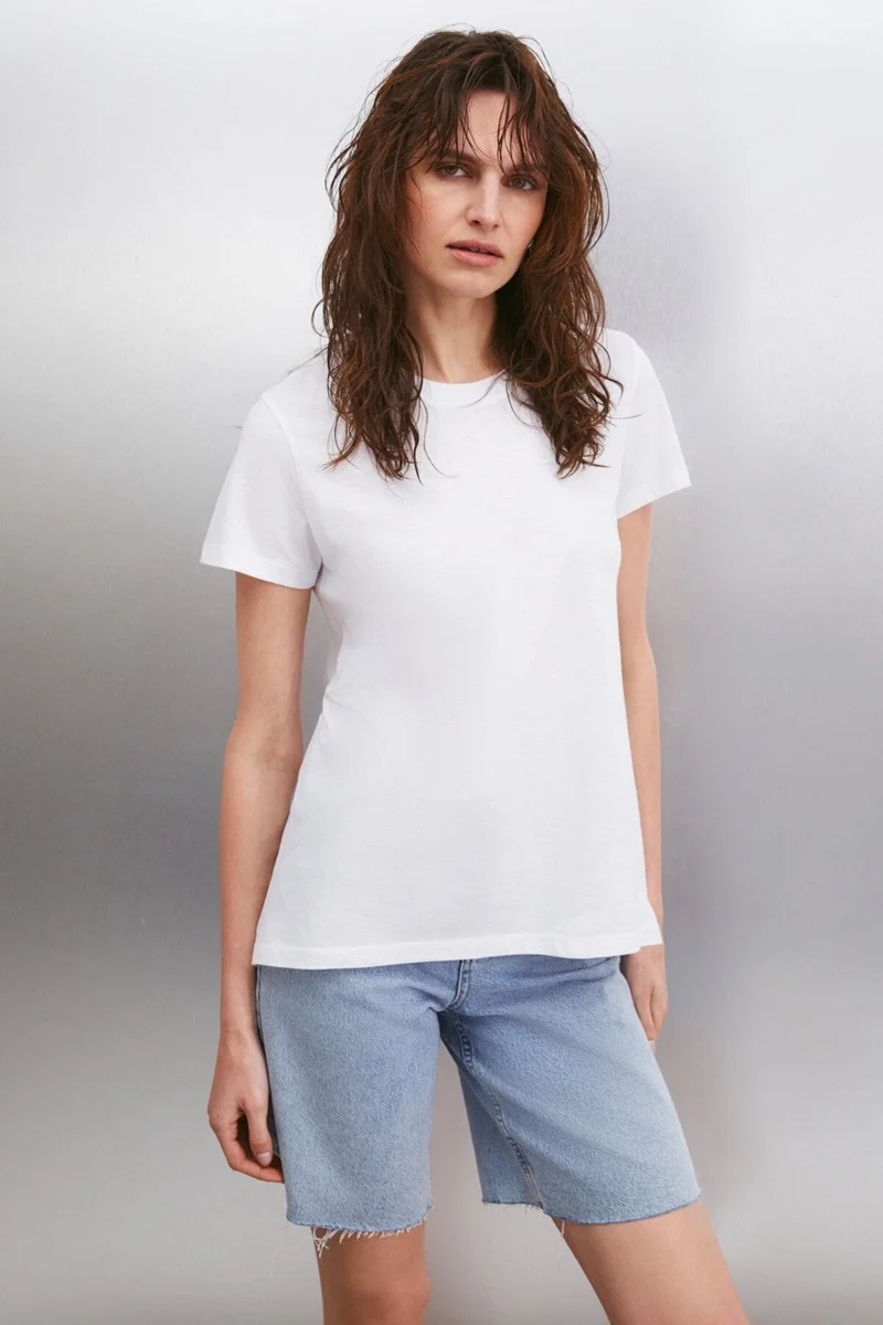 GRIMELANGE Samantha Women's Comfort Fit 100% Organic Cotton Basic Knitted White T-shirt