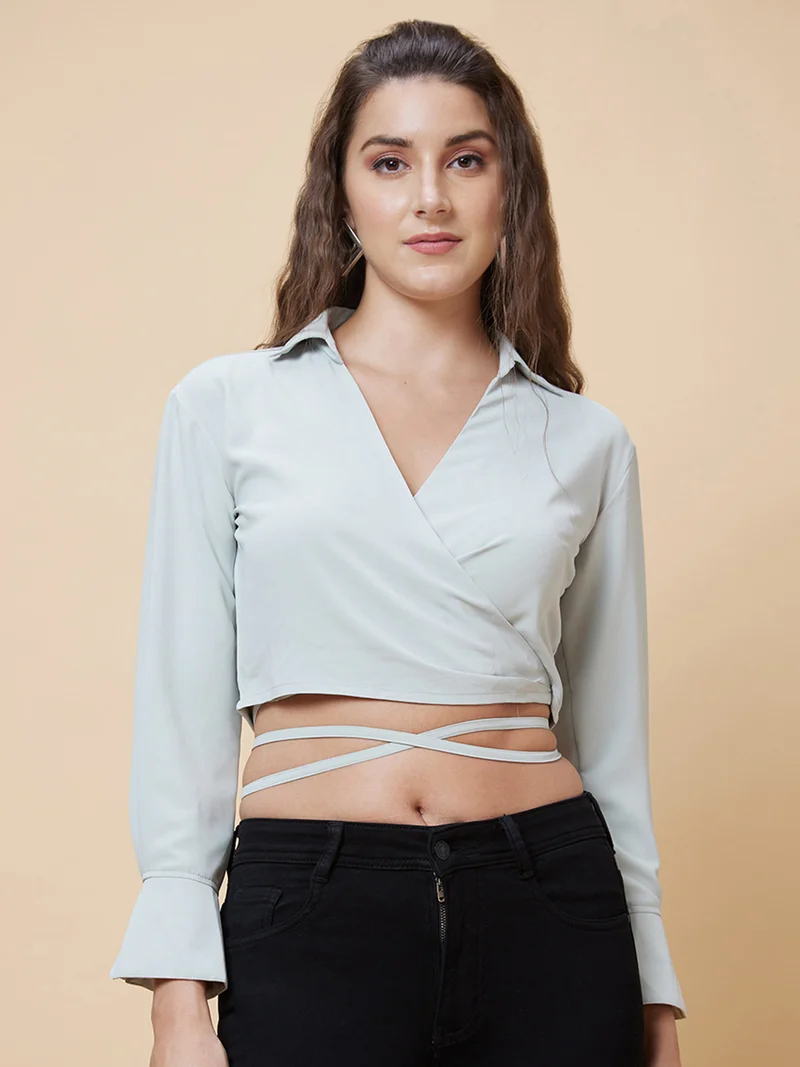 globus Women Shirt Collar Waist Tie-Up Wrap Crop Top