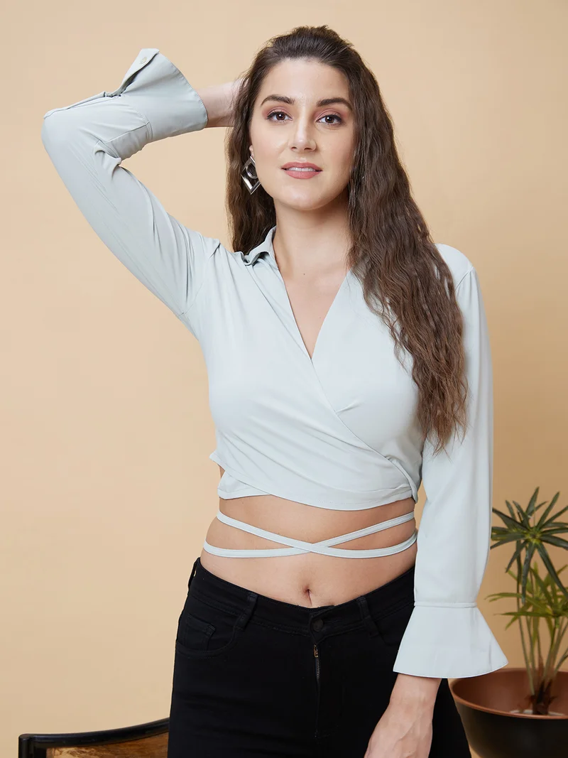 globus Women Shirt Collar Waist Tie-Up Wrap Crop Top