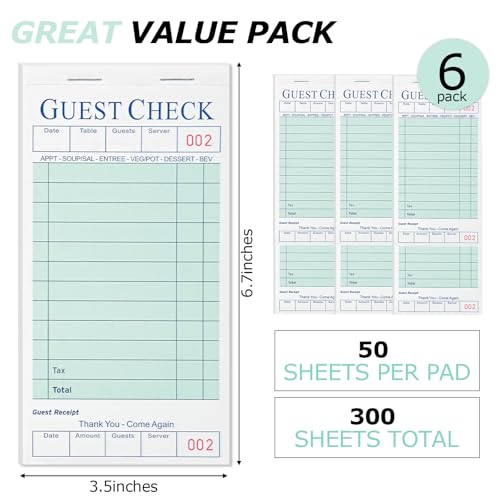 XKDOUS 6 Pack Server Books, Server Note Pads, Guest Check Books for Servers, Waitress Notepads for Restaurants, 300 Orders Total - Image 2