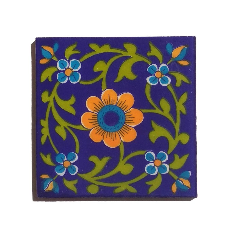Shiv Kripa Blue Pottery Home Decorative Wall Flooring Ceramic Tiles 4" X 4" Inch Set of 6 Tiles(Multi-Color) - Image 2