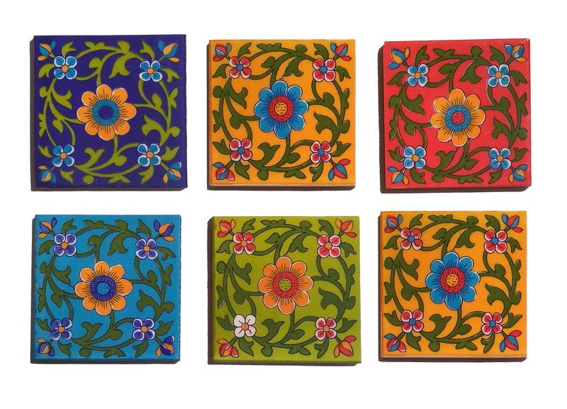 Shiv Kripa Blue Pottery Home Decorative Wall Flooring Ceramic Tiles 4" X 4" Inch Set of 6 Tiles(Multi-Color) - Image 1