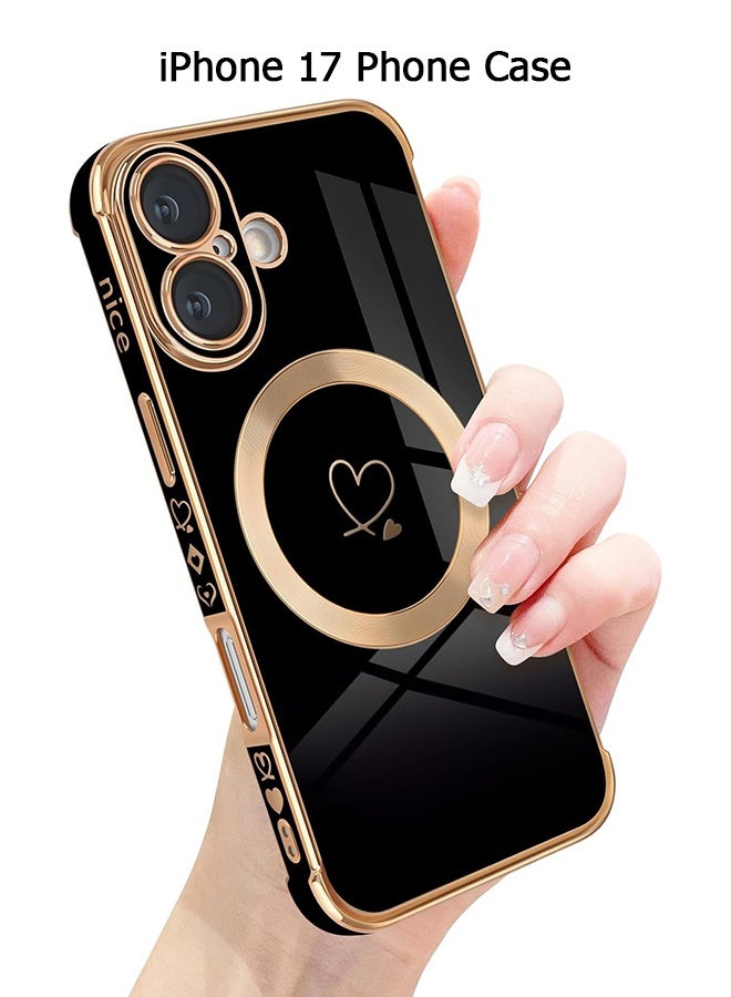 Wffo Compatible with iPhone 17 Cases [Compatible with MagSafe] - Cute Love Heart Pattern - Soft TPU Shockproof Cover with Camera Protection for iPhone 17 - Black - Image 1