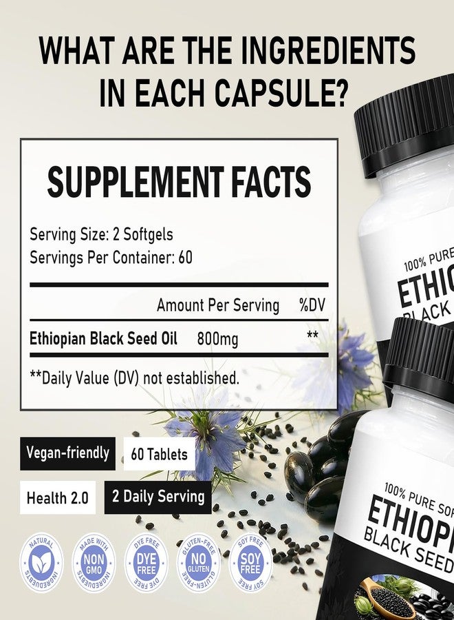 Janxyv Purely Ethiopian Black Seed Oil Capsules, Purely Nutrient Ethiopian Black Seed Oil Capsules 4.64% Thymoquinone, Organic Cold Pressed, Non-GMO, Gluten-Free, 60 Softgels - Image 3