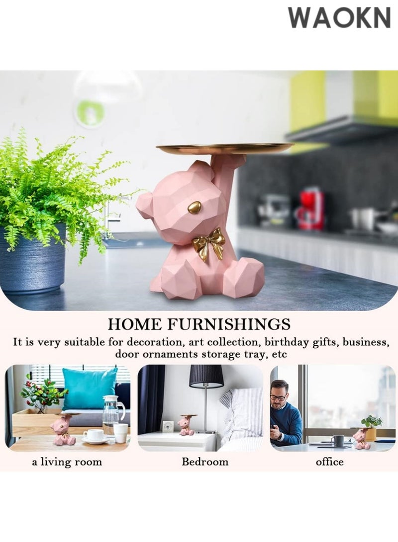 دبليو أيه أو كي أن صينية تخزين على شكل تمثال وحامل مفاتيح، صينية مجوهرات حلوى وأقراط وأحمر شفاه، تماثيل دب لطيفة مع طبق، منحوتات دب، وعاء مفاتيح، صواني زخرفية لديكور المنزل والمكتب (وردي، 22*21*17 سم) - Image 1