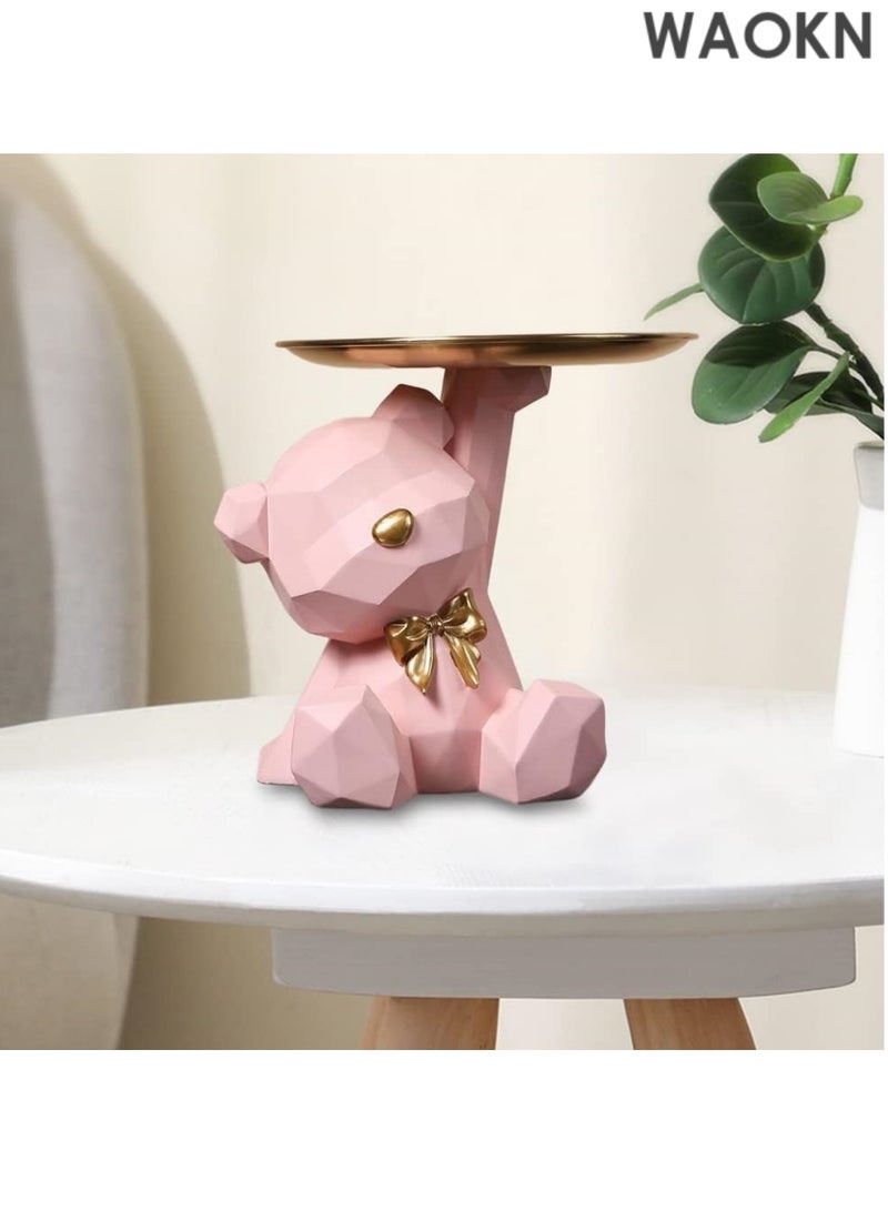 دبليو أيه أو كي أن صينية تخزين على شكل تمثال وحامل مفاتيح، صينية مجوهرات حلوى وأقراط وأحمر شفاه، تماثيل دب لطيفة مع طبق، منحوتات دب، وعاء مفاتيح، صواني زخرفية لديكور المنزل والمكتب (وردي، 22*21*17 سم) - Image 4