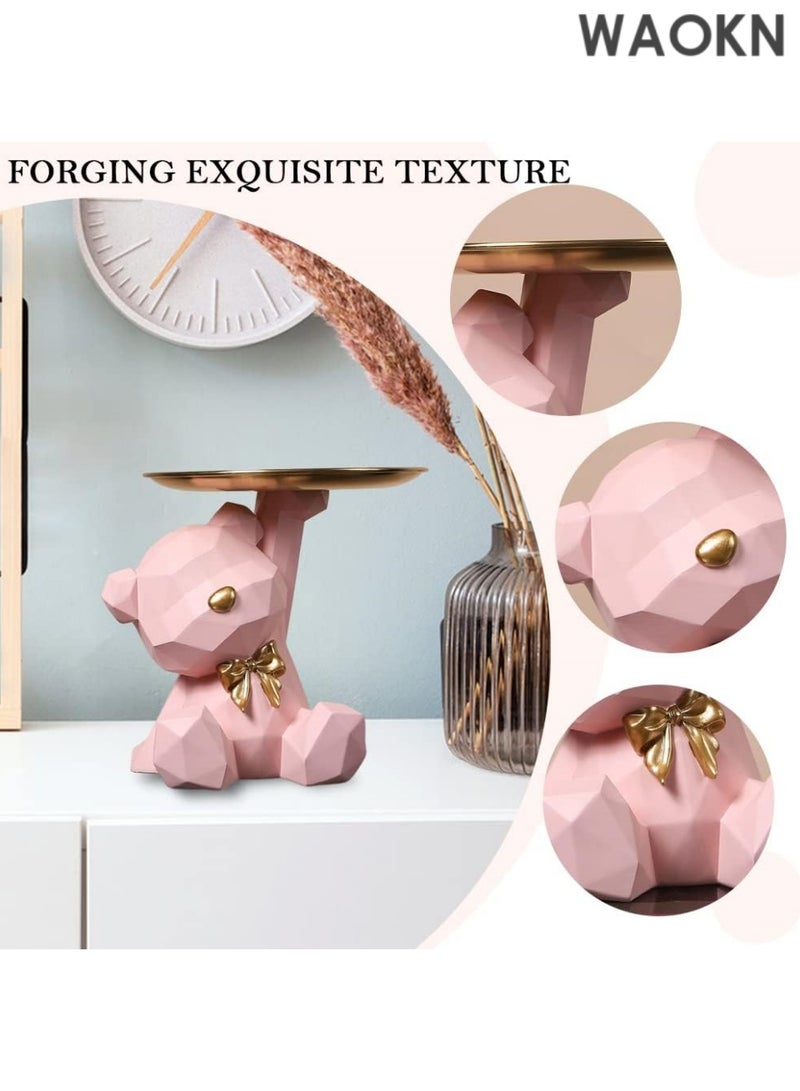 دبليو أيه أو كي أن صينية تخزين على شكل تمثال وحامل مفاتيح، صينية مجوهرات حلوى وأقراط وأحمر شفاه، تماثيل دب لطيفة مع طبق، منحوتات دب، وعاء مفاتيح، صواني زخرفية لديكور المنزل والمكتب (وردي، 22*21*17 سم) - Image 5
