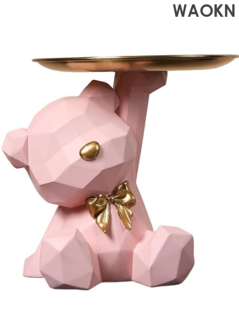 دبليو أيه أو كي أن صينية تخزين على شكل تمثال وحامل مفاتيح، صينية مجوهرات حلوى وأقراط وأحمر شفاه، تماثيل دب لطيفة مع طبق، منحوتات دب، وعاء مفاتيح، صواني زخرفية لديكور المنزل والمكتب (وردي، 22*21*17 سم) - Image 3