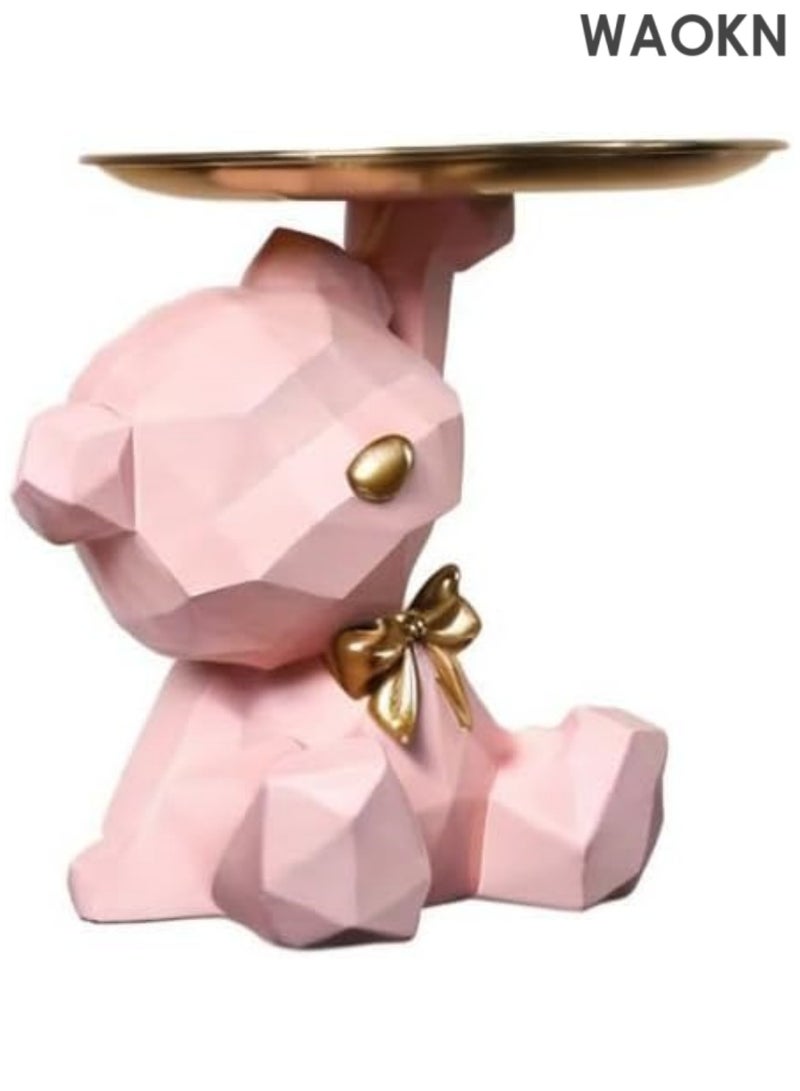 دبليو أيه أو كي أن صينية تخزين على شكل تمثال وحامل مفاتيح، صينية مجوهرات حلوى وأقراط وأحمر شفاه، تماثيل دب لطيفة مع طبق، منحوتات دب، وعاء مفاتيح، صواني زخرفية لديكور المنزل والمكتب (وردي، 22*21*17 سم) - Image 2