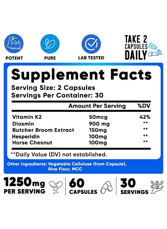 We Like Vitamins Vein Vitality 1250mg Diosmin Hesperidin Complex for Varicose Veins Treatment with Horse Chestnut, Butchers Broom & Bioflavonoids - Supports Blood Circulation for Healthy Leg Veins - 60 Capsules - Image 2