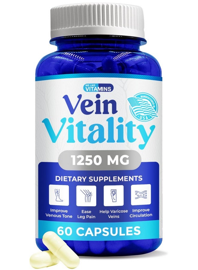 We Like Vitamins Vein Vitality 1250mg Diosmin Hesperidin Complex for Varicose Veins Treatment with Horse Chestnut, Butchers Broom & Bioflavonoids - Supports Blood Circulation for Healthy Leg Veins - 60 Capsules - Image 1