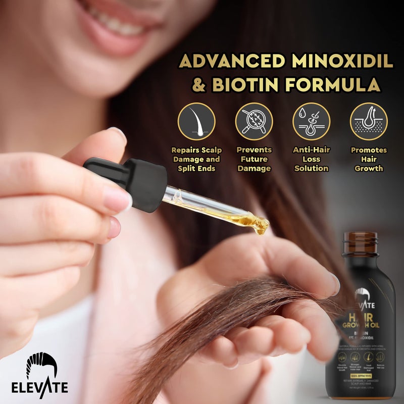 Elevate Hair Regrowth Treatment 5% Minoxidil Solution â€“ Biotin Serum Hair Growth Oil for Men & Women - Thicker Fuller Stronger Hair - Stops Hair Loss & Thinning - Natural Hair Thickening Treatment 2oz - Image 2