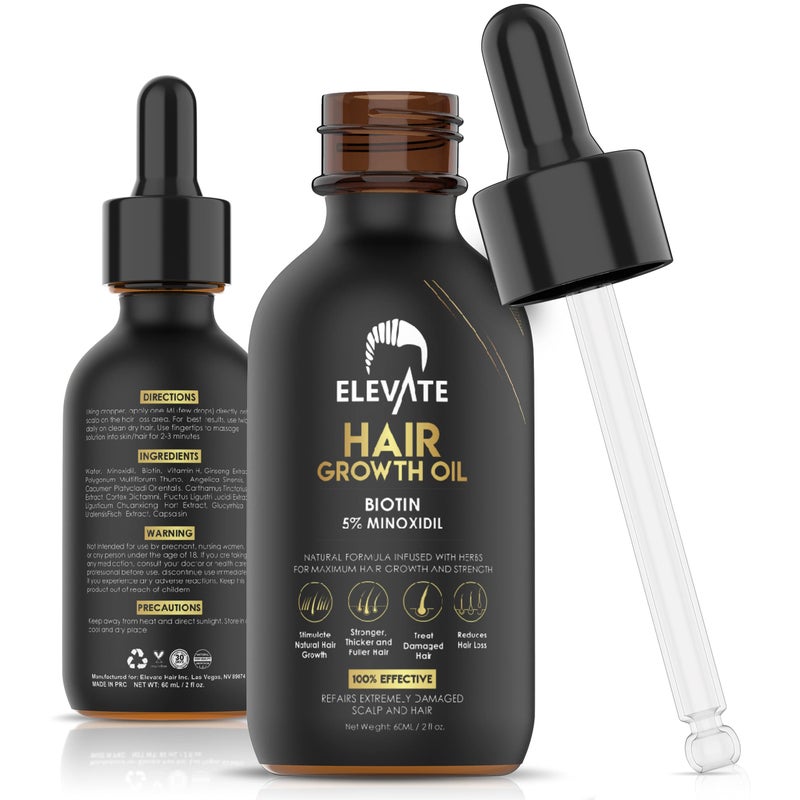 Elevate Hair Regrowth Treatment 5% Minoxidil Solution â€“ Biotin Serum Hair Growth Oil for Men & Women - Thicker Fuller Stronger Hair - Stops Hair Loss & Thinning - Natural Hair Thickening Treatment 2oz - Image 1