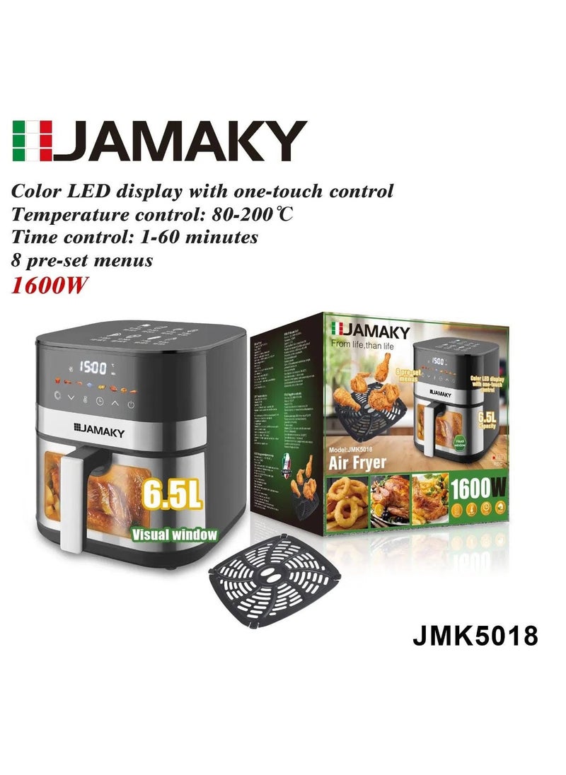 Jamaky Italy مقلاة هوائية عميقة خالية من الزيت من جاماكي بسعة 6.5 لتر مصنوعة من الفولاذ المقاوم للصدأ - 1600 واط وعاء داخلي مطلي بالتفلون غير اللاصق من الفولاذ المقاوم للصدأ _ JMK-5018(صناعة ايطالية)  - Image 1