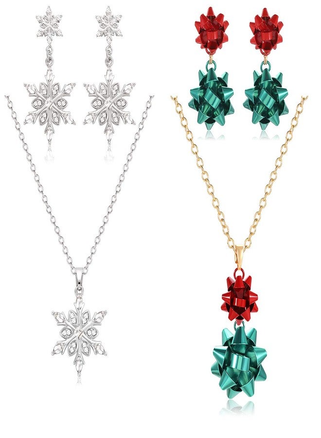 BVGA Christmas Necklace Earrings Sets Snowflake Gift Bow Pendant Necklace Dangle Earrings Set for Women Winter Holiday Jewelry Set - Image 1