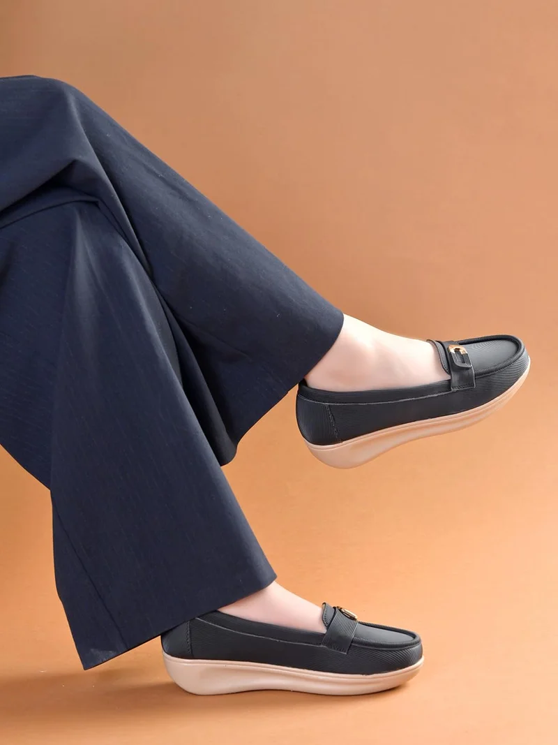 Shoetopia Shoetopia Women’s Black Elegant Bow Loafers Wedge Heel || Designer Pattern Slip-On Shoes with Buckle Accent & Comfort Sole EU-36