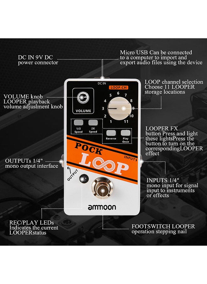 ammoon - POCK LOOP Looper Guitar Effect Pedal 11 Loopers Max.330mins Recording Time Supports 1/2 & 2X Speed Playback Reverse Functions True Bypass - Image 1