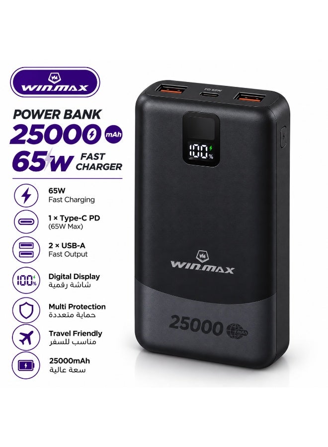 25,000mAh, Power Bank with Fast Charging and Digital Display | fast charging, 2 USB-A + 1 USB-C ports, compact travel-friendly design; charges iPhone 17 Pro 4.2 times.