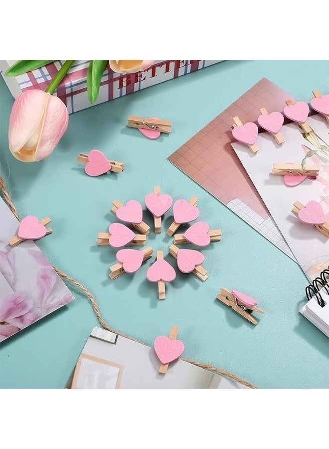 50-Pieces Pink Heart Shape Wooden Photo Clips,Mini Clothes Pins for Photo,with 10M Twine String for Hanging Pictures - Image 2