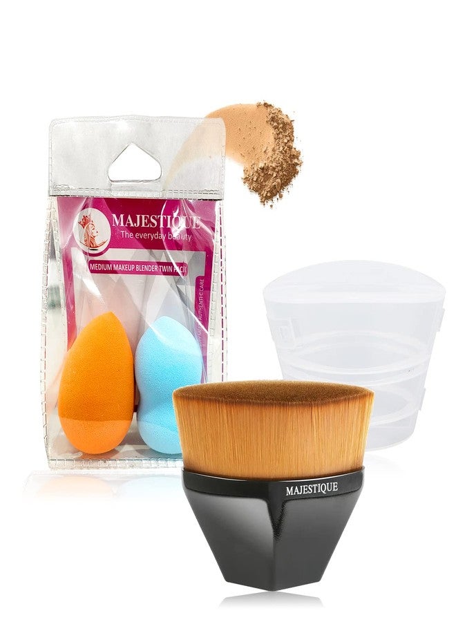 Majestique Flat Foundation Brush with Beauty Makeup Sponge, Perfect Pair for Flawless Makeup Application & Blending - Color May Vary - Image 1