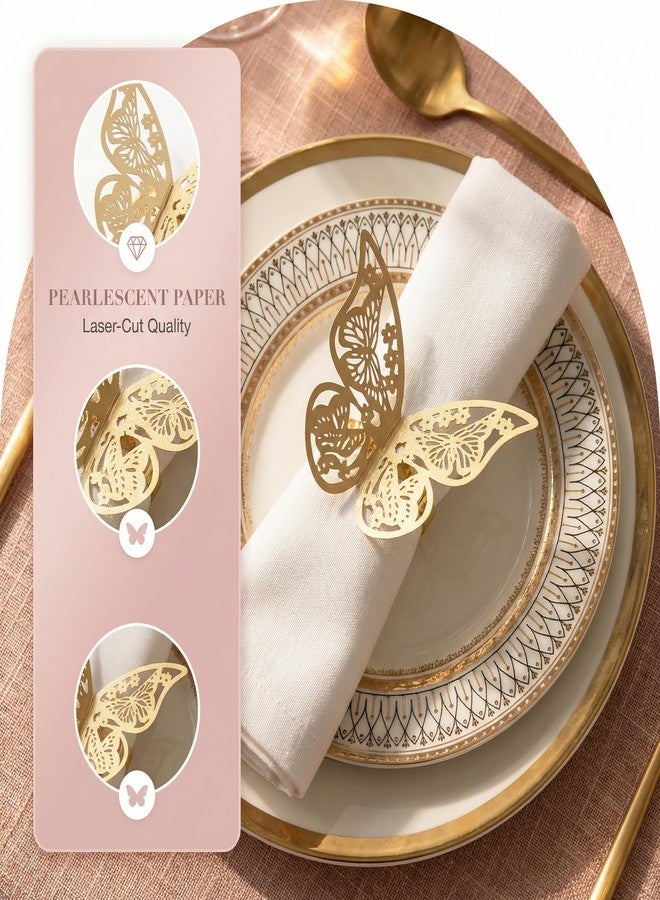 Dephnes 100 Pcs Gold Laser Hollow Paper Butterfly Napkin Rings 3D Butterfly Napkin Rings Foil Napkin Holder for Weddings Party Serviette Table DIY Decoration - Image 2