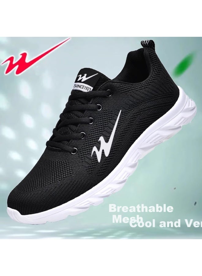 Shuangxing Men's Sports Shoes Four Seasons Breathable Lightweight Mesh Fitness Casual Running Shoes Black White Size 44