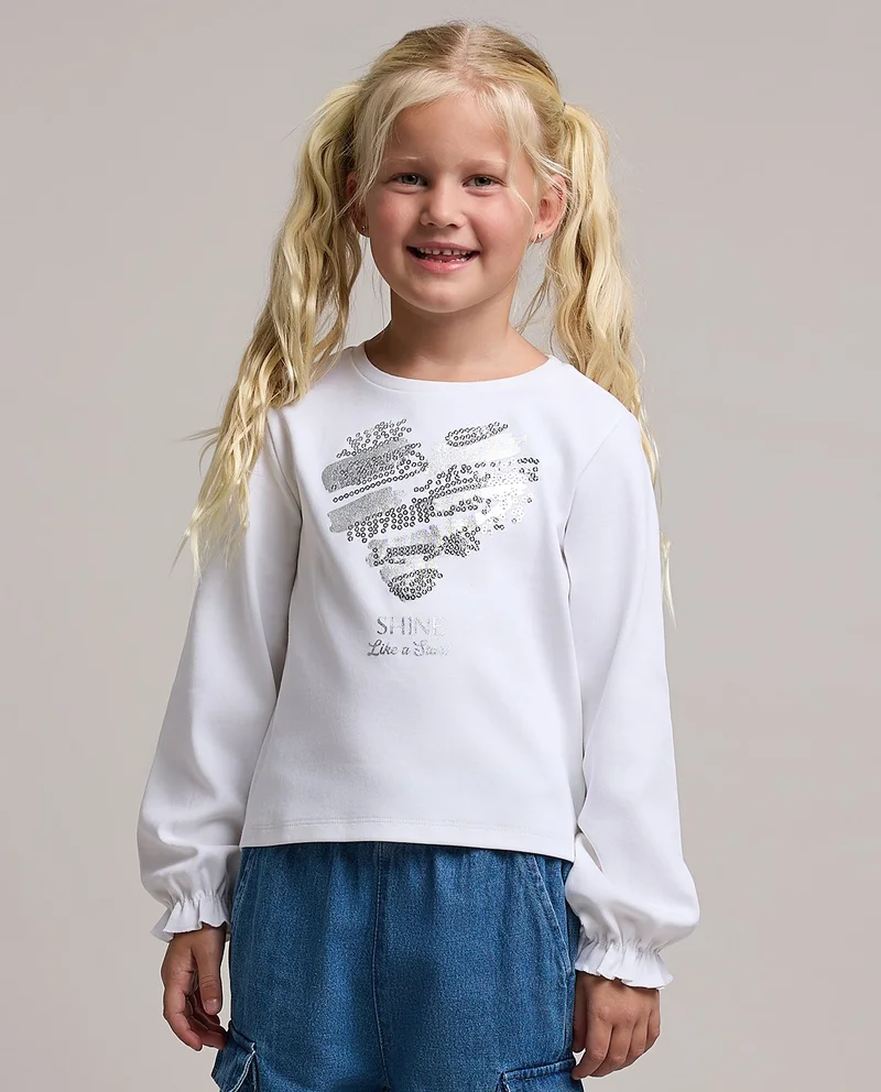 أر أند بي Sequined Top with Crew Neck and Puff Sleeves