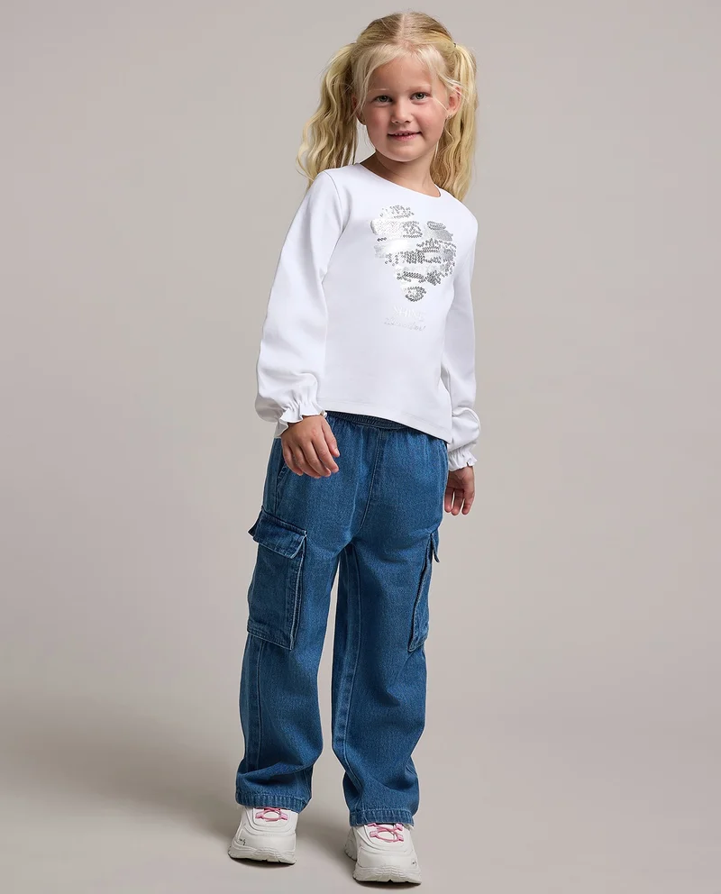 أر أند بي Sequined Top with Crew Neck and Puff Sleeves