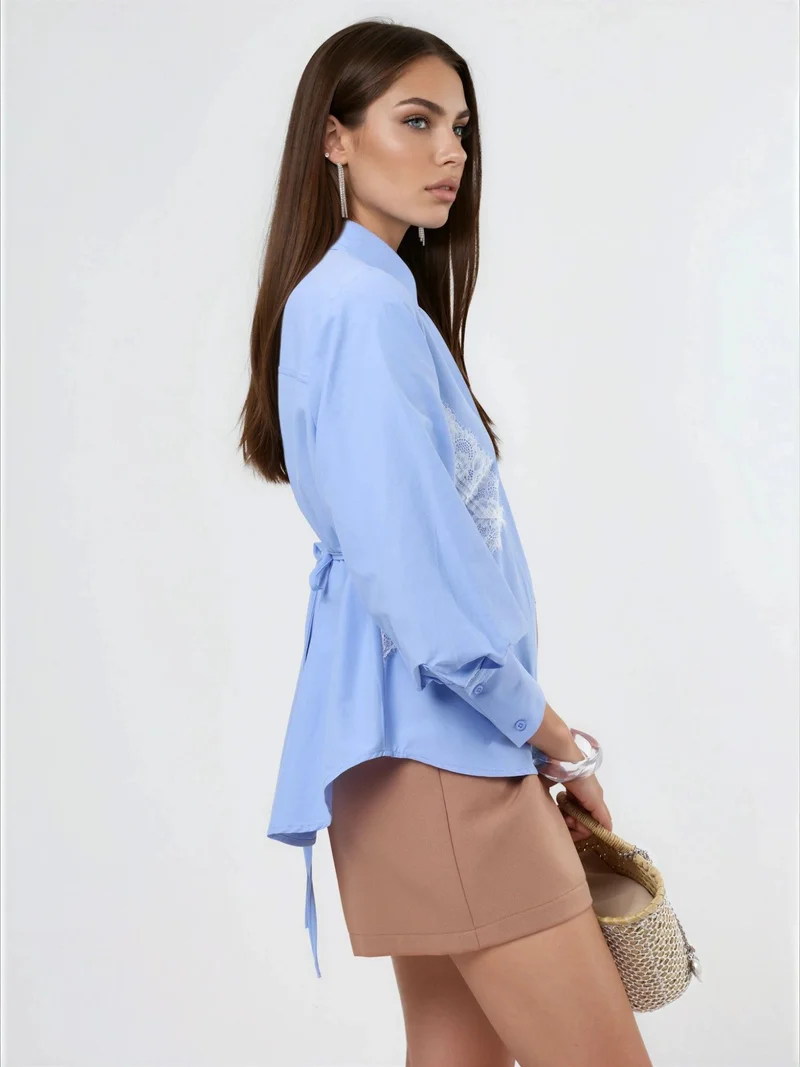 Qustyle QU STYLE Lace Detailed Fitted Poplin Shirt